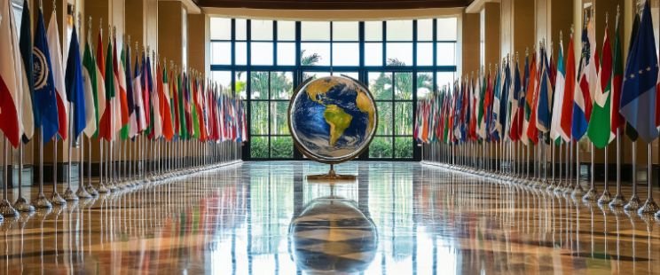 Grande salle avec les drapeaux du monde entier, avec un globe au milieu de la pièce