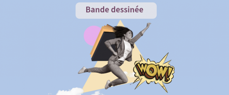 Une femme qui a une cape de super héros en forme de livre