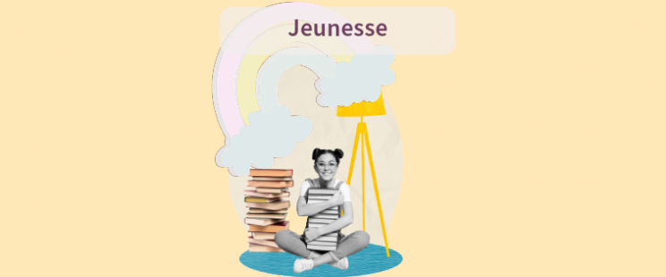 Une jeunne fille qui tient une pile de livres, elle est entourée d'un arc en ciel et elle est assise sur un sol bleu