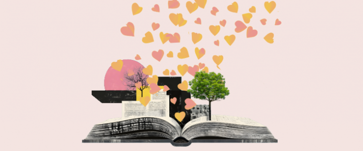 Un livre d'où sortent des cœurs et d'autres objets de la vie, représentant la diversité des coups de cœur.